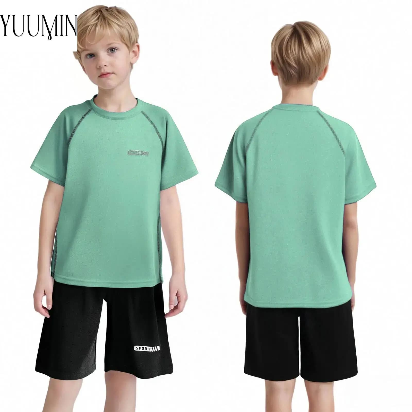 Fast Drying Kids Sports Jumpsuit, Sports Set, Short Sleeved Raglan Top with Football Shorts, Basketball, Training, Running, Cycling