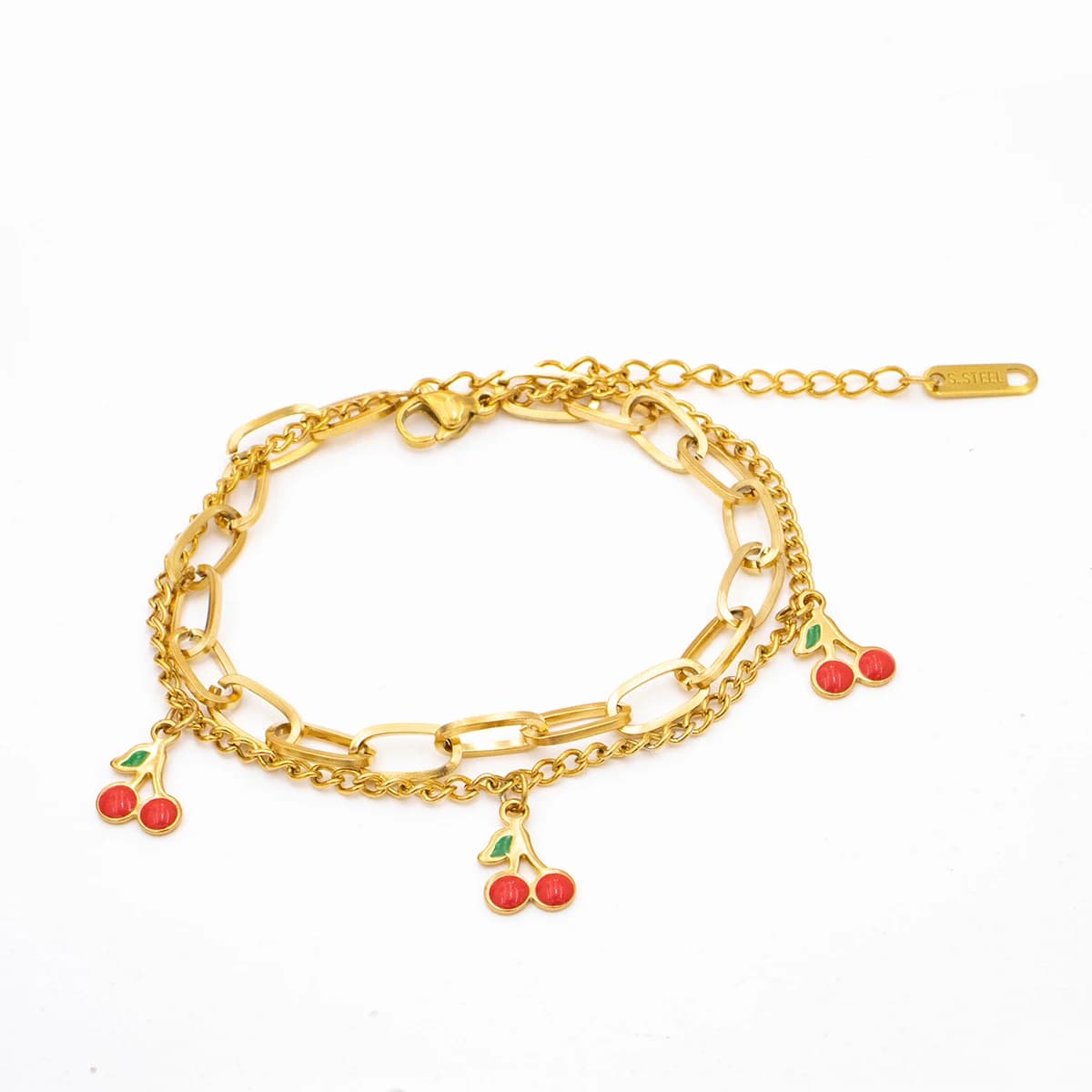 Fruit Cherry Double-layer Bracelet Design Gold Plated Stainless Steel Luxury for Woman Girl New Fashion Casual Party Jewelry