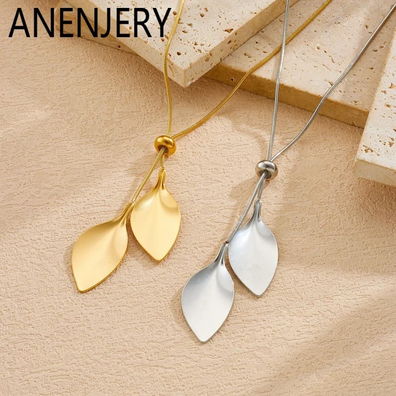 Collana con pendente a forma di foglia in acciaio inossidabile 316L ANENJERY per donna, stile vintage, catena a clavicola, gioielli, regalo, vendita all'ingrosso.