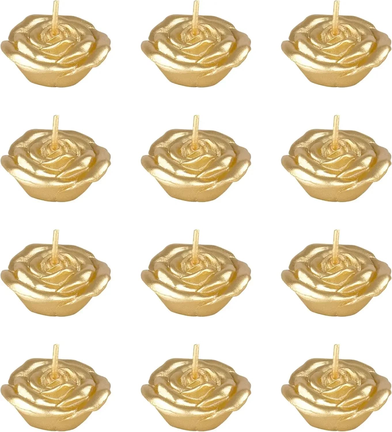 12 Candele Galleggianti a Forma di Petalo di Rosa Dorate Senza Profumo, Cera Lavorata a Mano, Diametro 1,5 Pollici per Decorazioni Casa ed Eventi