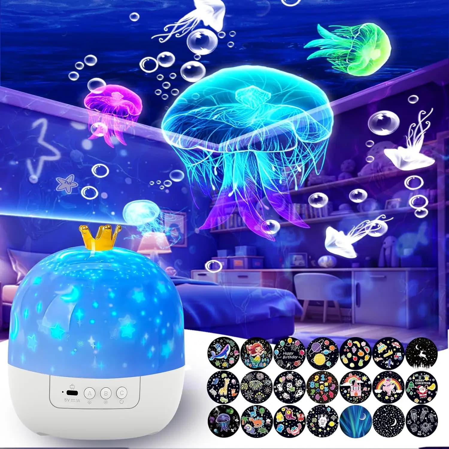 Luce notturna per proiettore Crown Galaxy 21 in 1 360 ° Proiettore rotante per cielo stellato con attenuazione USB per la decorazione della camera da letto dei bambini