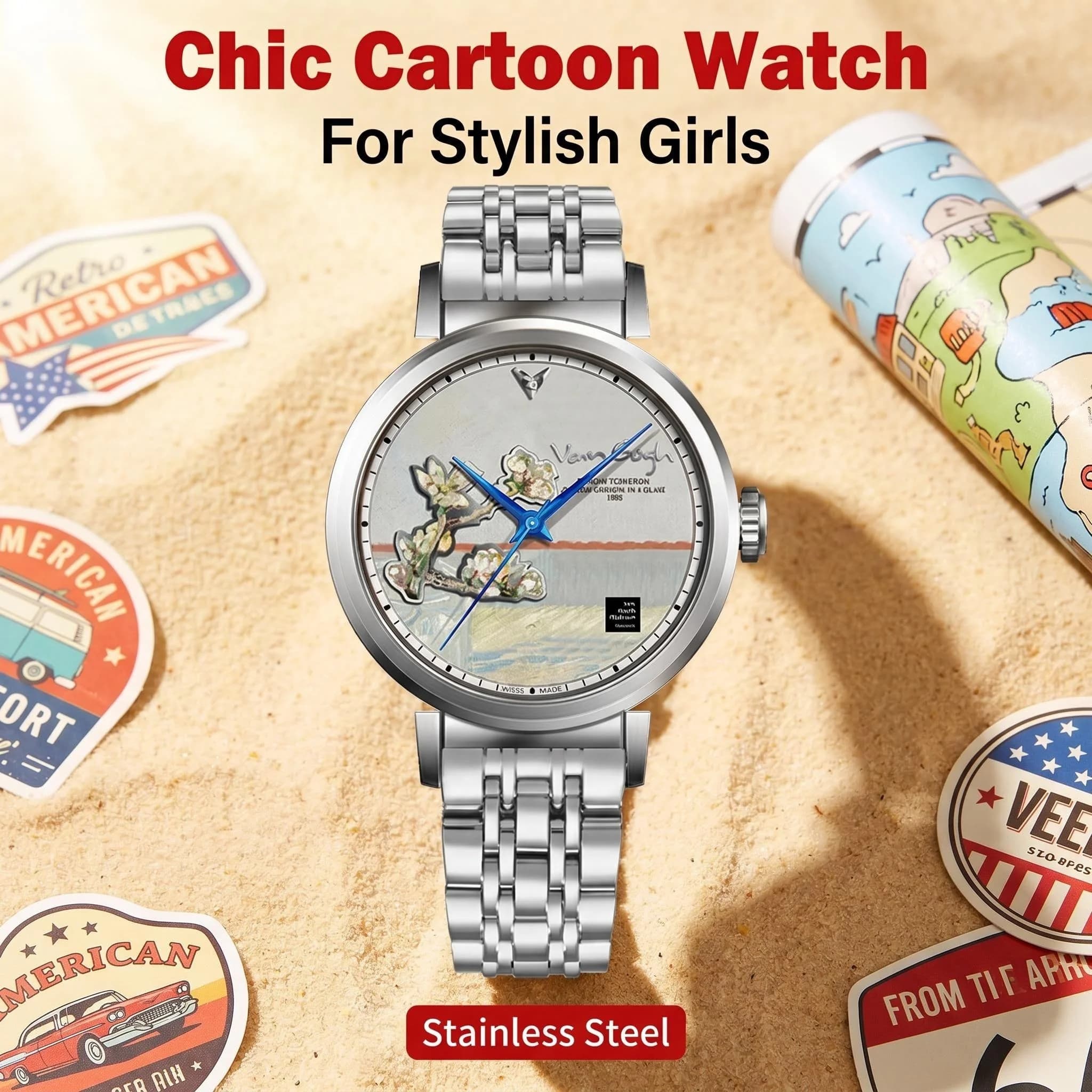 Orologio al Quarzo con Cinturino in Acciaio Inossidabile, Resistente all'Acqua 30M, Corona con Chiusura di Sicurezza, Quadrante Cartoon da 36mm, Orologio da Polso da Donna