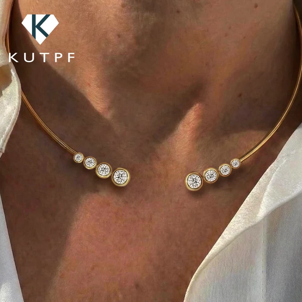 4-Stone Round Bubble Moissanite Diamond Open Choker Necklace S925 Sterling Silver Lab Diamond Cuff Collar Necklace for Women
