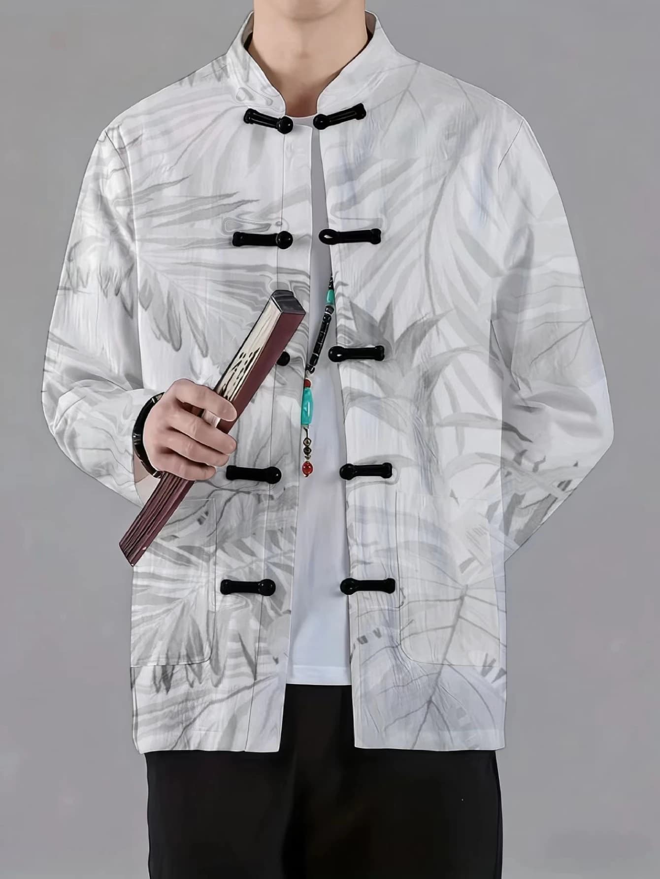 Men Mandarin Collar Frog Button Long Sleeve Jacket Chinese Butterfly Floral Leaf Art Print Casual Outerwear With Side Pockets