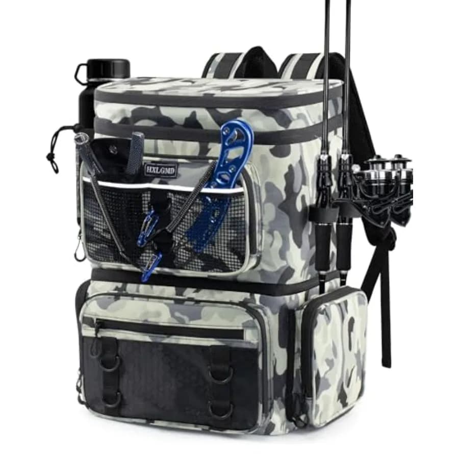 Zaino da Pesca con Portacanne, Doppio Strato, Grande Borsa Impermeabile per Attrezzatura con Scomparto Refrigerante, Grigio