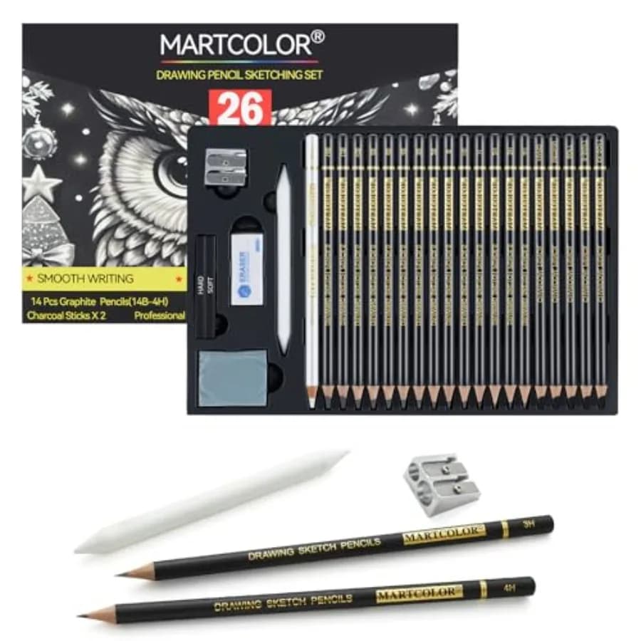 Drawing Sketching Pencil Set, Pieces, Graphite Pencils 14B-4H,Charcoal Pencils, Charcoal Sticks, Blending Stump, Eraser, Sharpe