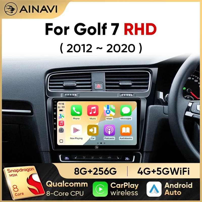 Autoradio Ainavi per Volkswagen VW Golf 7 MK7 RHD 2012 2013 2015 2017 2019 2021 Carplay Android Auto Lettore Multimediale per Auto 2 Din