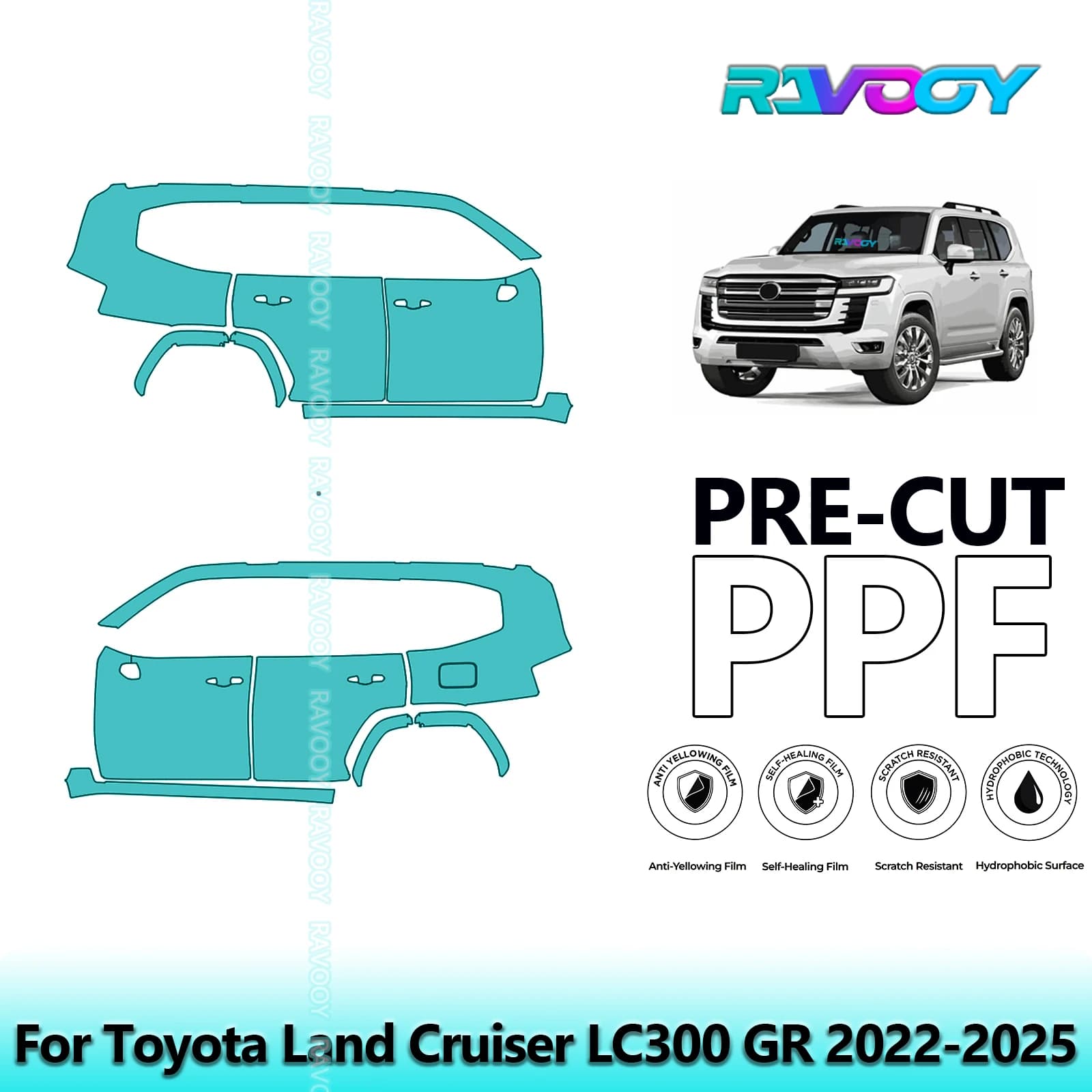 For Toyota Land Cruiser LC300 GR 2022-2025 8.5mil Transparent Pre-Cut PPF Door and Pillar A/B Kit TPU Paint Protection Film Set