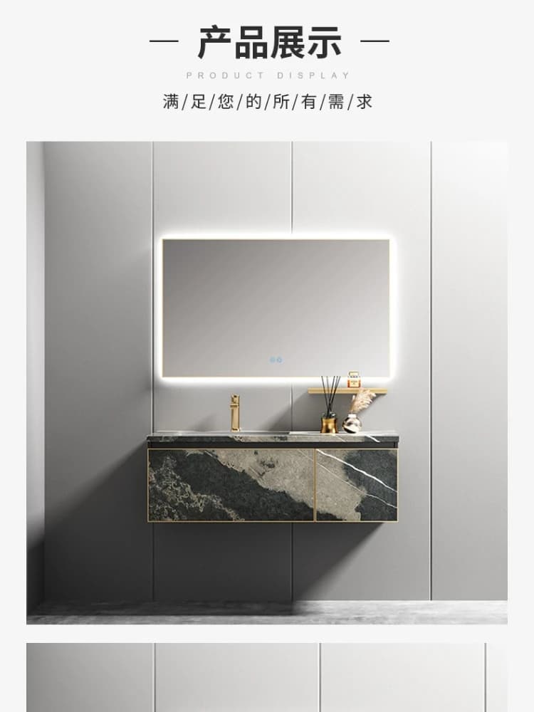 Mobile bagno di lusso leggero con lavabo integrato in lastra di roccia, specchio LED intelligente e lavabo.