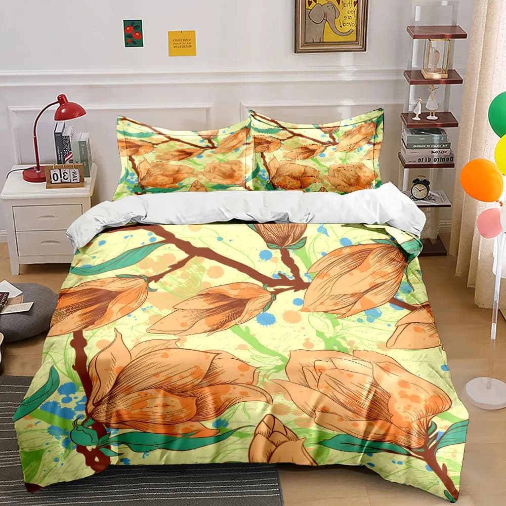 Hand-drawn orange flowers and branches Bedding Set 1 Duvet Cover 2 Pillowcases for Adult and Children Luxury Gift Full Size
