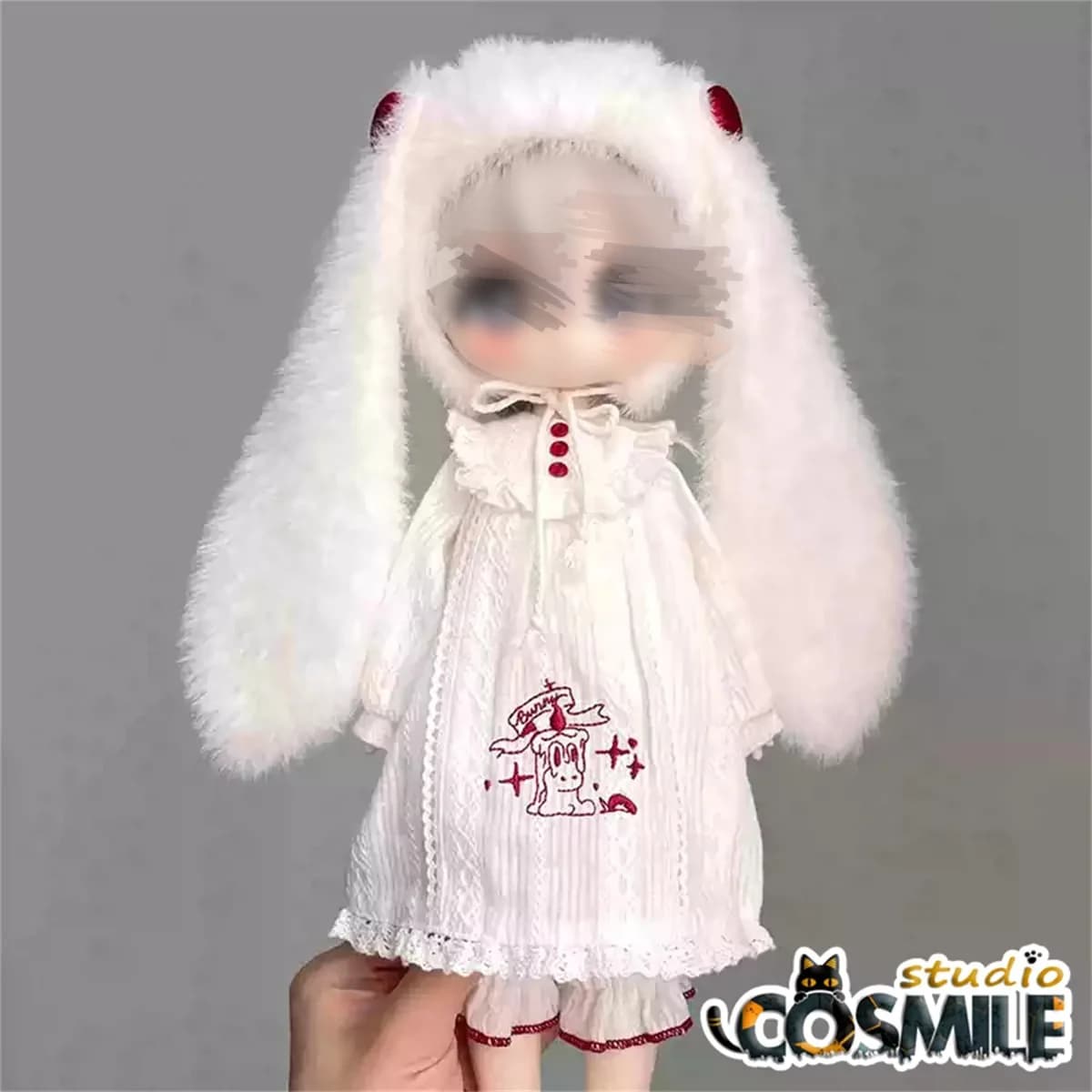 Costume Giapponese per Coniglietti Orecchie a Lobo, Pigiama Bianco Carino con Cappello e Gonna, Accessori per Bambole BJD 1/6, Vestiti per Bambole SL