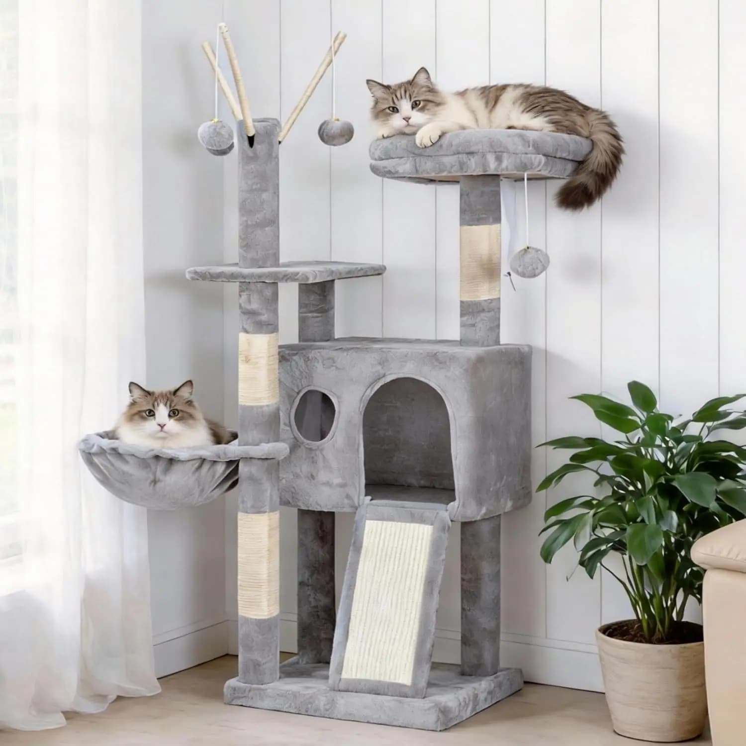 Albero per gatti con posti per grattare, cuccia accogliente, amaca e giocattoli per gattini da interno, grigio chiaro