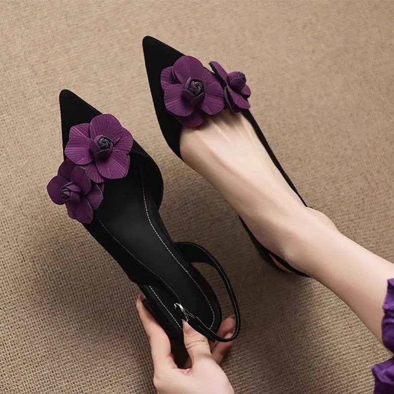 Women's flower heel sandals, elegant with tip, new sexy slingback slippers in suede leather, fashionable for parties, Mujer Sandalias