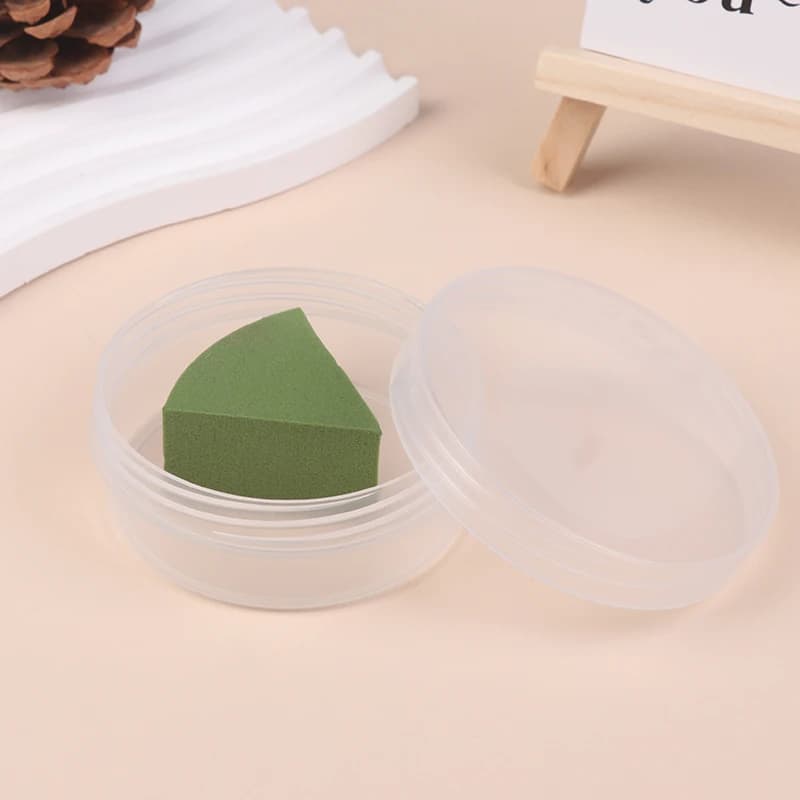 Scatola circolare trasparente con coperchio Scatola portaoggetti per soffio per cosmetici Strumento per la cura del viso di bellezza Custodia per trucco Contenitore per accessori da viaggio