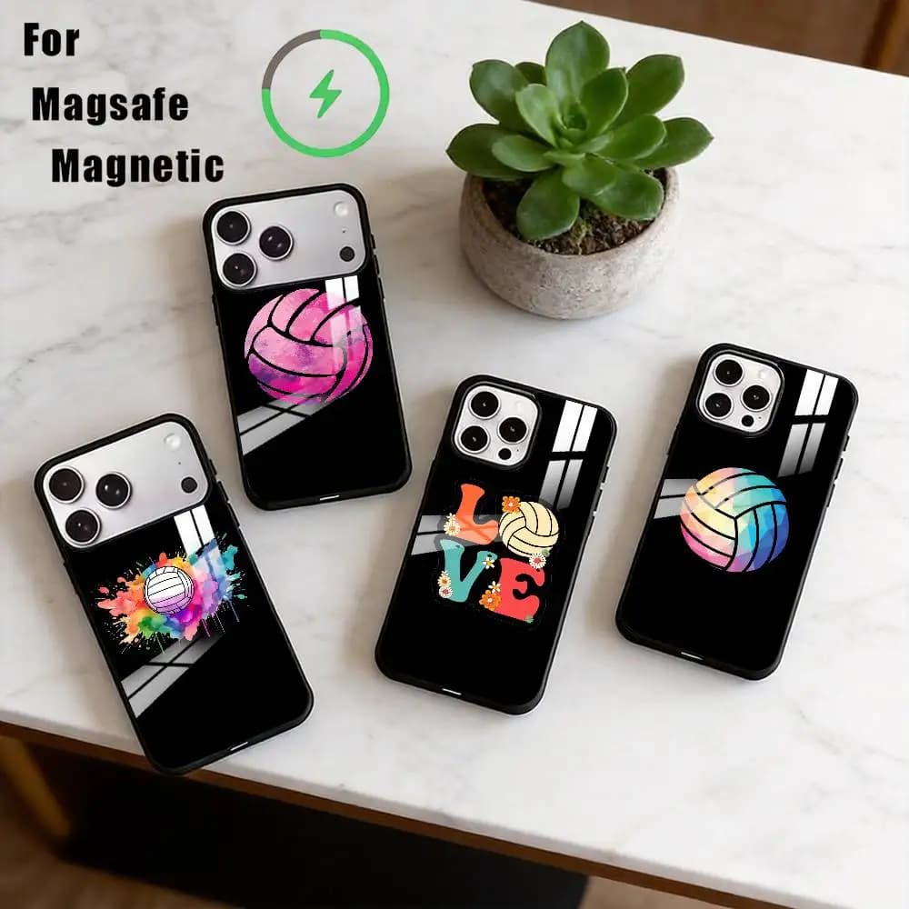 Custodia per telefono con design pallavolo per iPhone 17, 16, 15, 14, 13, 12, 11 Plus, Pro, magnetica per ricarica wireless MagSafe