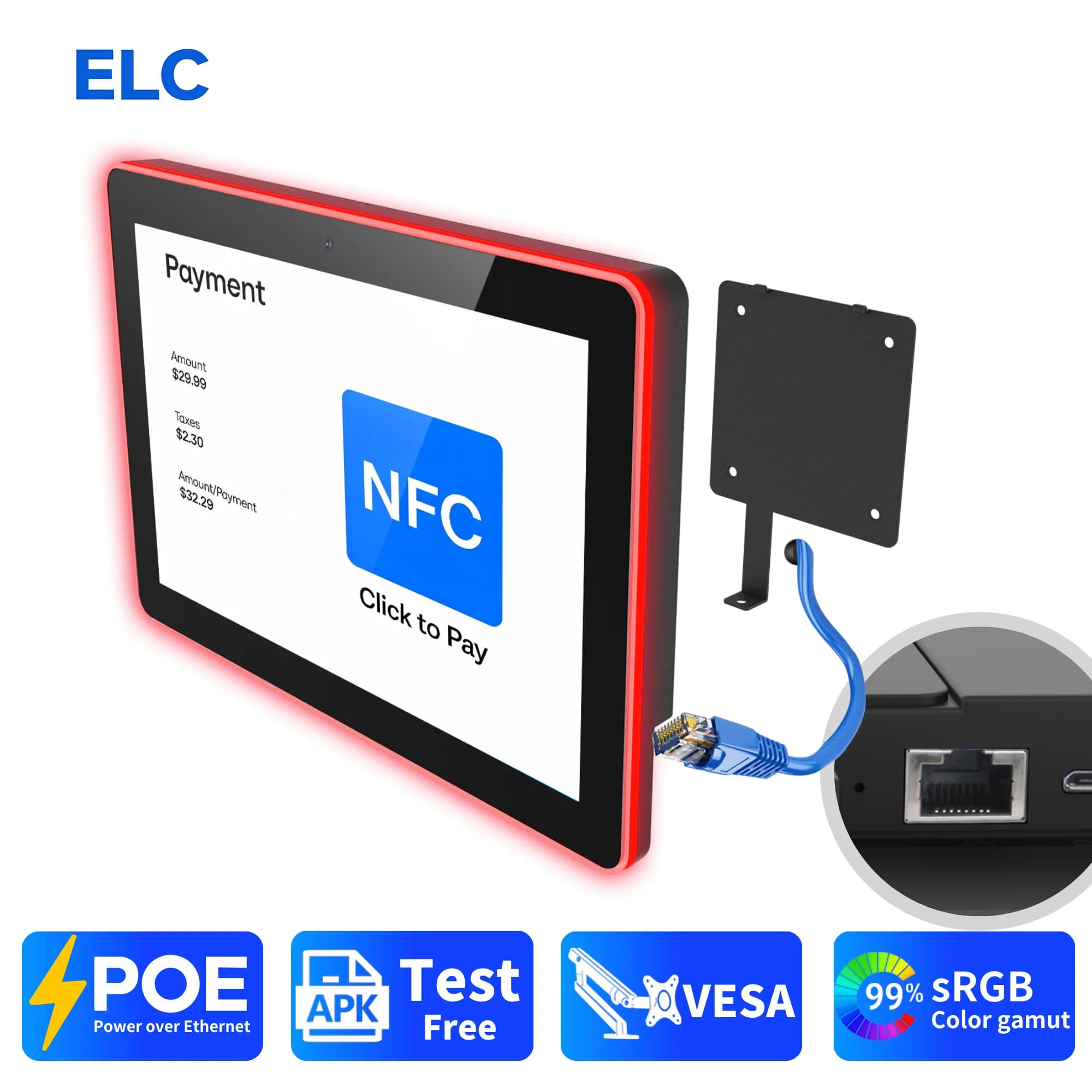 Wall Mount NFC POE Android14 Tablet RK3576S/3568/3566/3288 RGB LED Light Bar WiFi6 10-Point Touch APK Support Payment Display