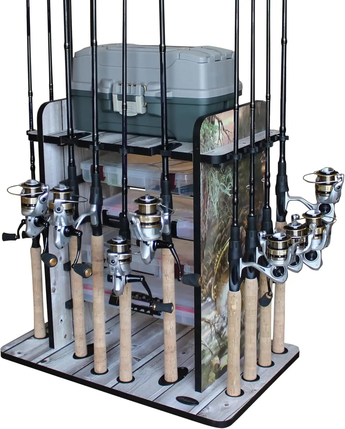 Fishing rod holder for 14 rods with storage box for equipment, arrange fishing gear in garage or boat