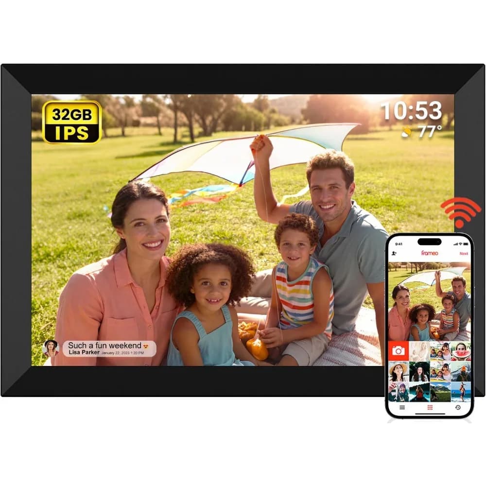 Cornice digitale da 10,1 pollici con 32GB di memoria, schermo IPS touch, rotazione automatica, condivisione di foto e video da remoto, regalo per la famiglia