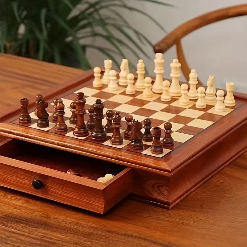 31 CM / 12.2 "A Scacchi in legno massello di alta qualità Grande cassetto di stoccaggio Scacchiera Pezzi degli scacchi in legno retrò Bella decorazione regalo