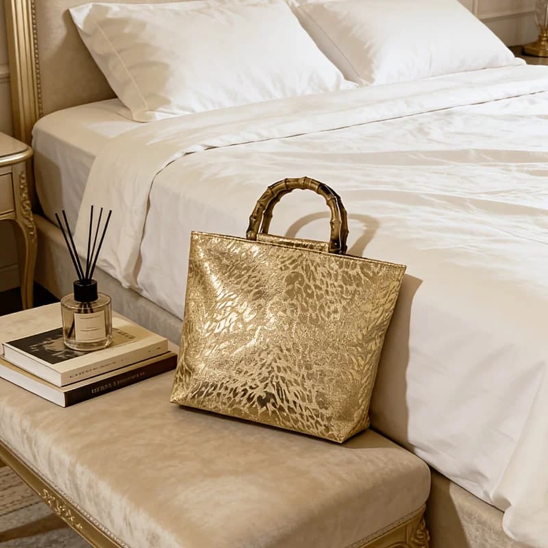 Light luxury metallic gold jacquard leaf tote bag for women, imitation bamboo handle large capacity handbag