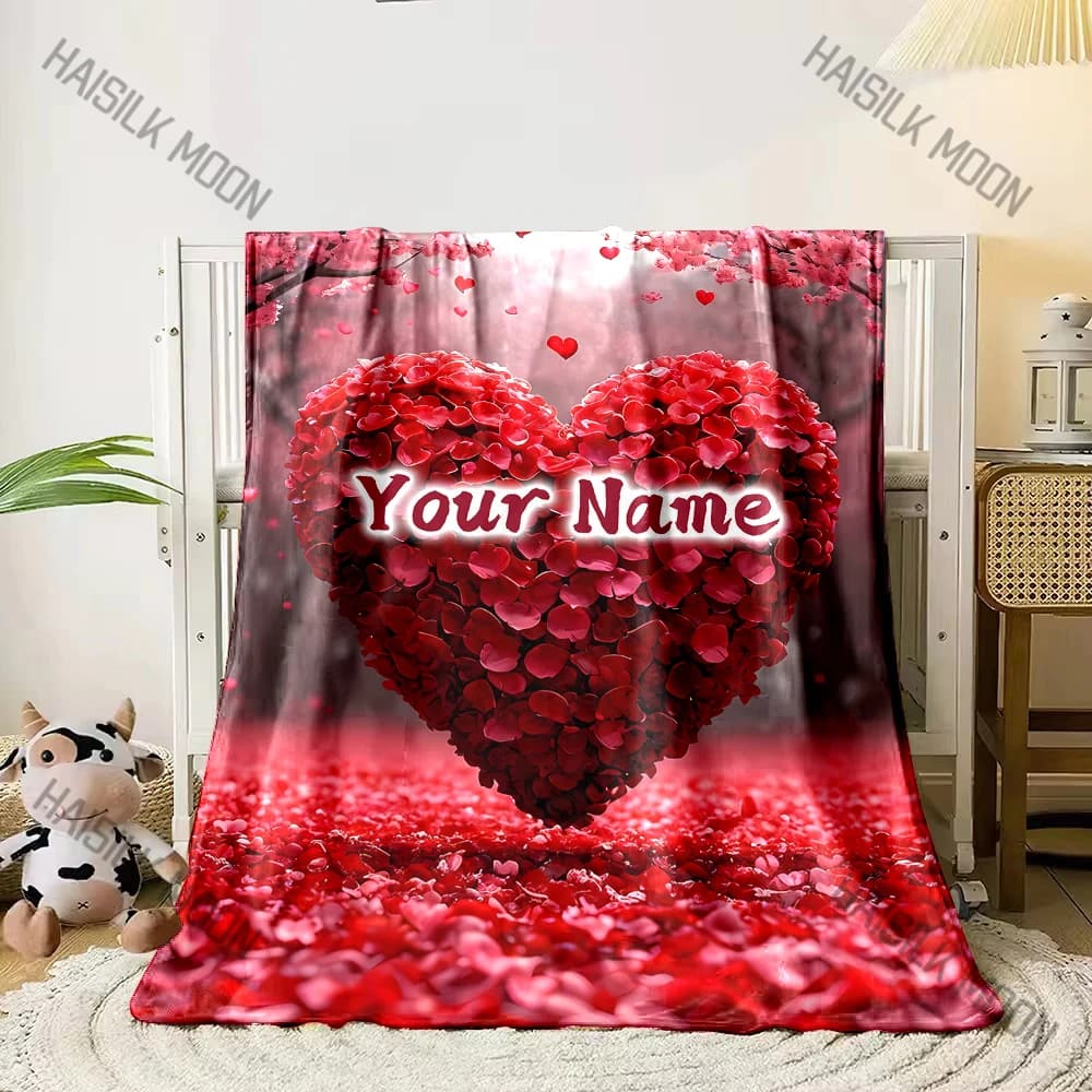 Nome personalizzato Coperta personalizzata Petali rossi romantici Cuore d'amore Coperta morbida e confortevole per viaggi a casa per adulti e bambini