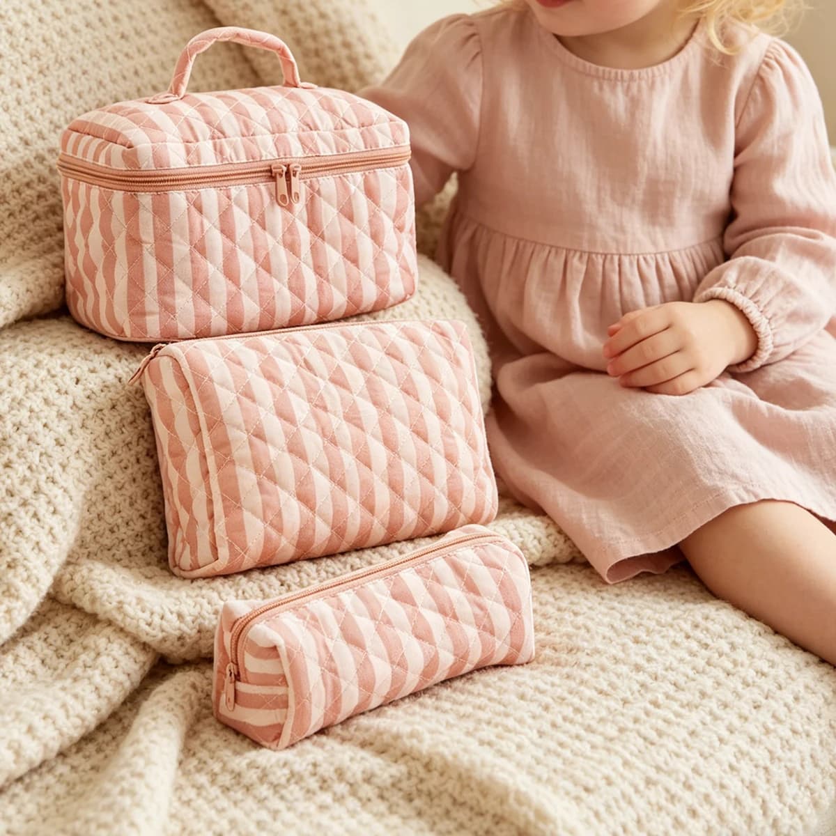 Borsa porta trucchi Kangobaby con cerniera, stampata e trapuntata, graziosa borsa per il trucco in cotone, articoli da toeletta per ragazze, da viaggio.