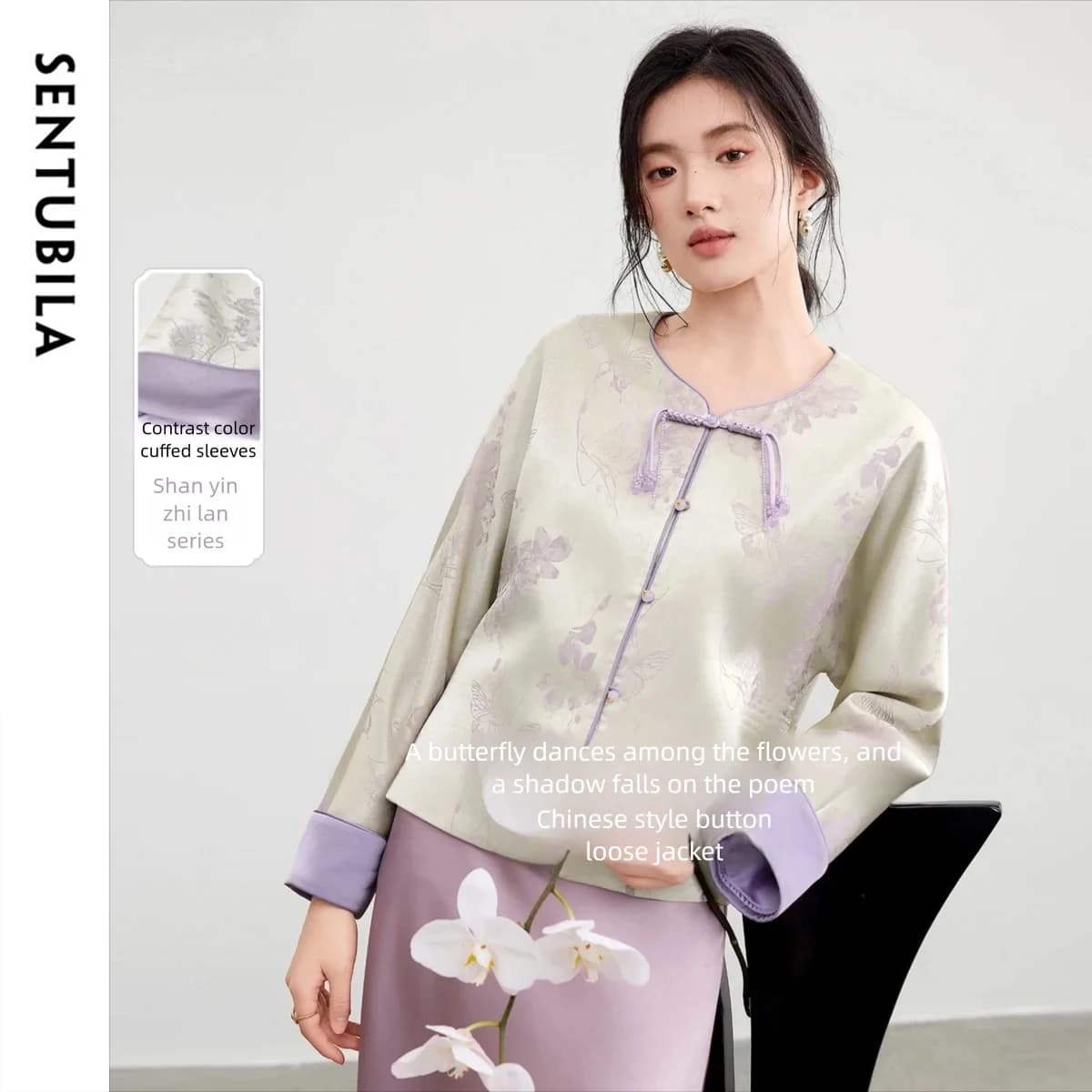 SENTUBILA Eleganti Giacche in Stile Cinese per Donne Autunno 2026 Cappotto Lussuoso con Stampa Floreale Collo Tondo per Feste Q53WL3114