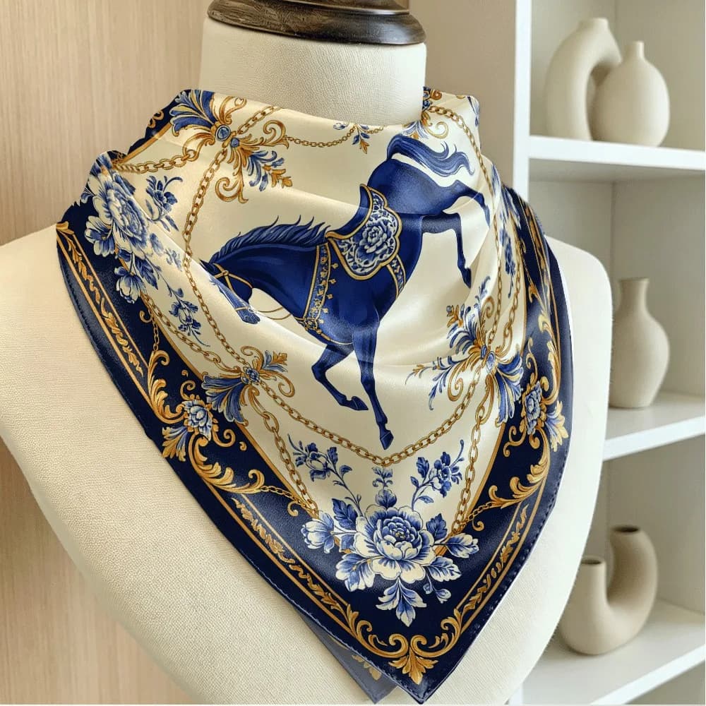 Blue and White Steed with Gold and Blue Accents Women Satin Square Scarf, Shiny Multi-use Ornament Party Gift