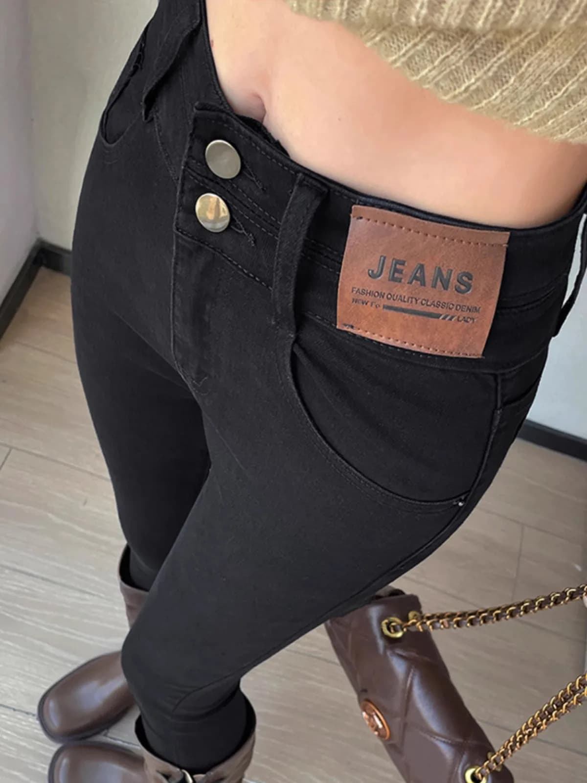 High Waist Fleece Lined Slim Fit Bootcut Jeans Women's Autumn Winter Slimming Pencil Boot Pants Cotton Stretch Denim