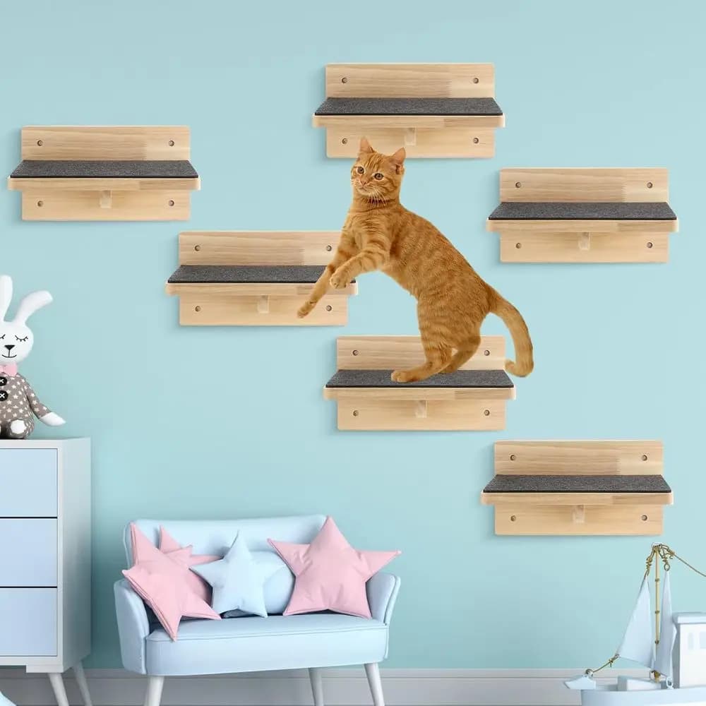 Scaletta a Muro per Gatti in Legno con Mensole, Piattaforme per Arrampicata e Letto con Tappeto Elastico Antiscivolo (Classico)