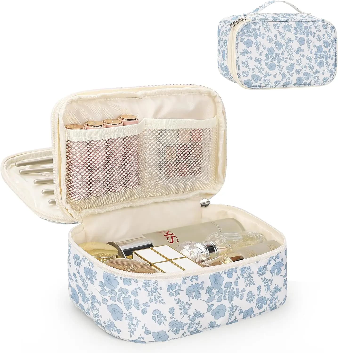 Floral Cosmetic Bag with Brush Door, Organizer Double Layer Tricks for Women, Portable Travel Feet
