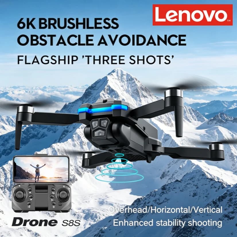 Drone Pieghevole Lenovo S8S con Tripla Fotocamera, Motore Brushless, Evitamento Ostacoli, Posizionamento Ottico, Riprese HD, Quadricottero RC