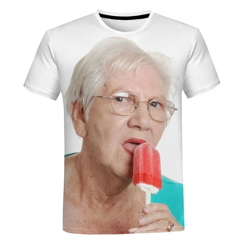 Unisex Funny Grandma Eating Popsicle 3D Print T-shirt, Casual Short Sleeve Novelty Streetwear Tops