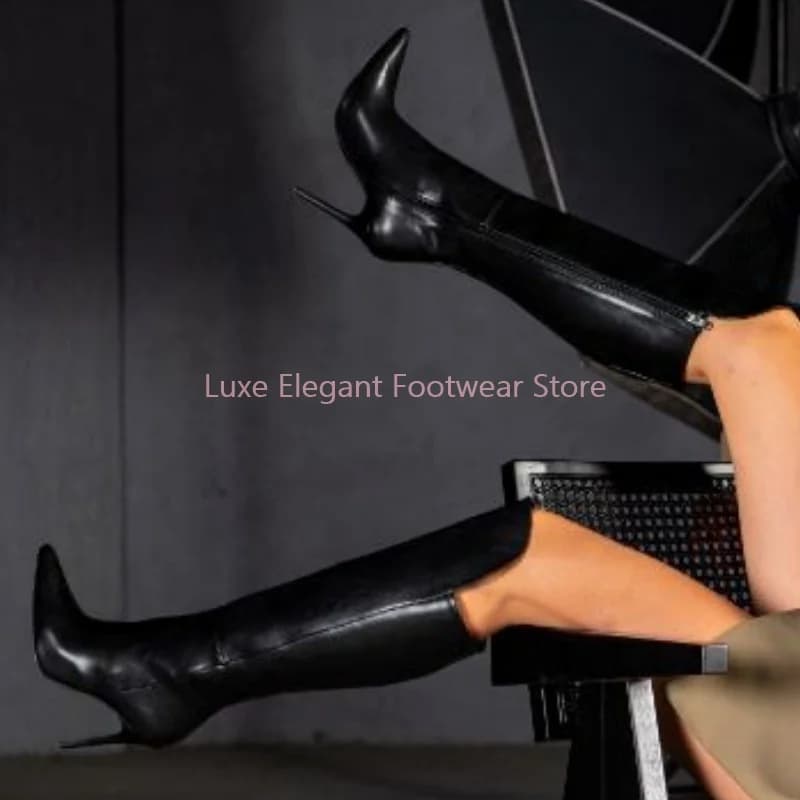 Burgundy Faux Leather Pointed Toe Knee High Boots Women Side Zipper Stiletto Long Boots Sexy Elegant Evening Party Heel Boots