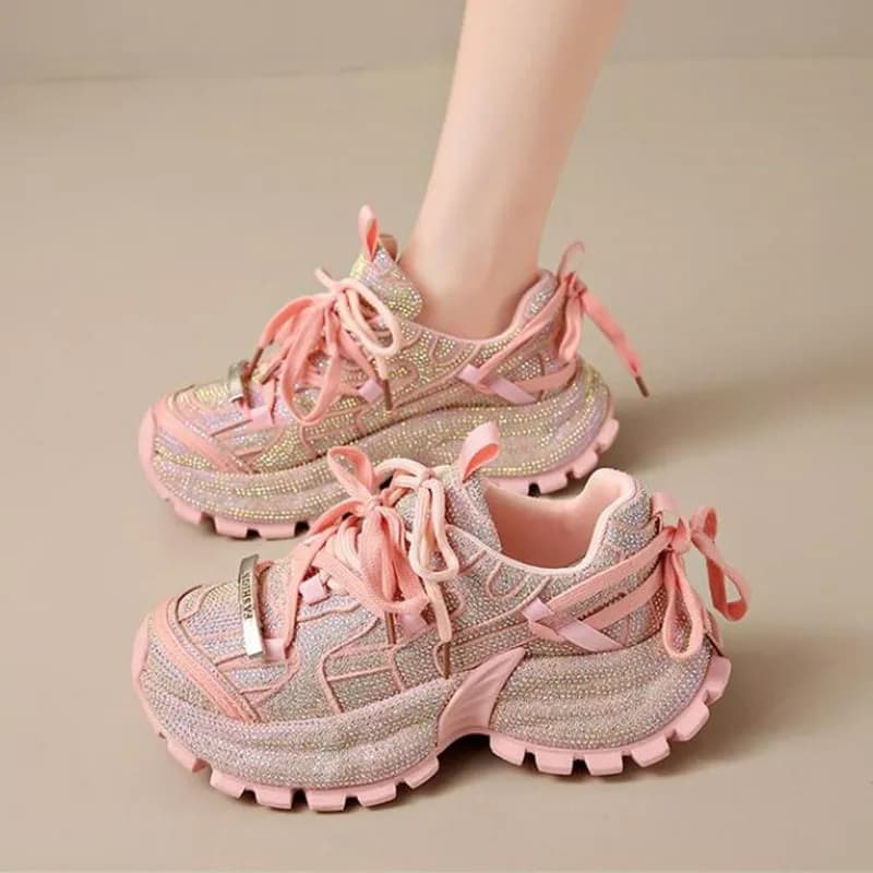 New 2026 Fashion Chunky Sneakers Women Full Diamond Strap Thick Soled Casual Sports Shoes Pink Colors Sneakers Zapatos Mujer