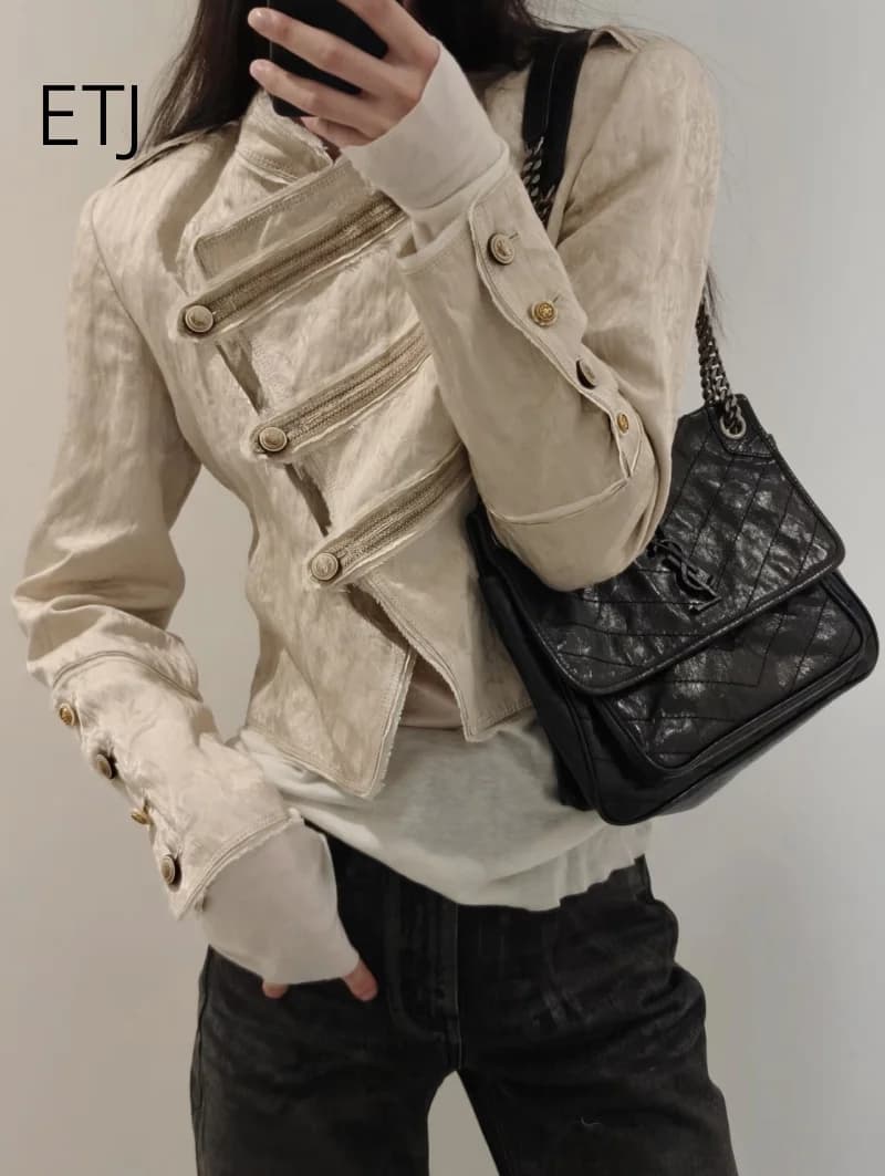 ETJ 2026 Women Vintage Napoleon Jacket Double Breasted Military Coat Jacquard Cropped Blazer Elegant Party Wear