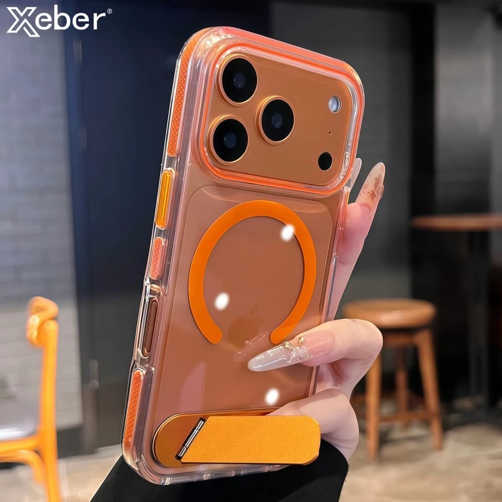 Folding Bracket Holder Transparent Magnetic Phone Case For iPhone 14 15 16 17 18 Pro Max For Magsafe Shockproof Protection Cover