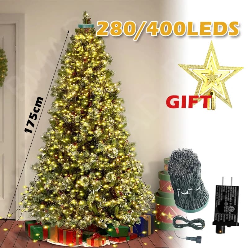 Luci a cascata per albero di Natale Stringa di fata a LED 8 modalità timer con topper a stella per decorazioni di illuminazione natalizia da giardino