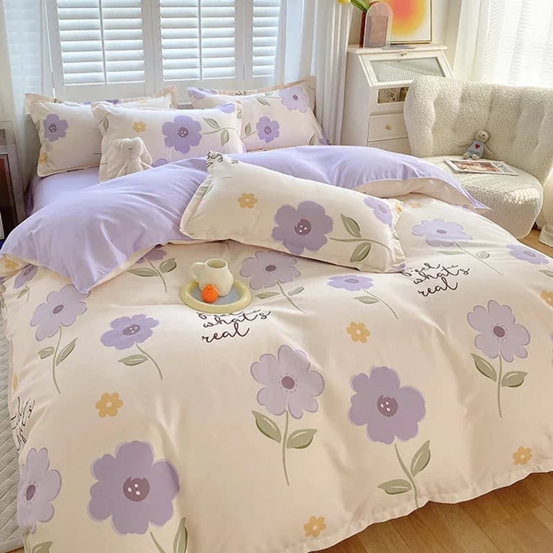 Lenzuolo in tessuto twill delicato sulla pelle Set di quattro pezzi Set di biancheria da letto a blocchi di colore su entrambi i lati Ab Copripiumino stampato a fiori
