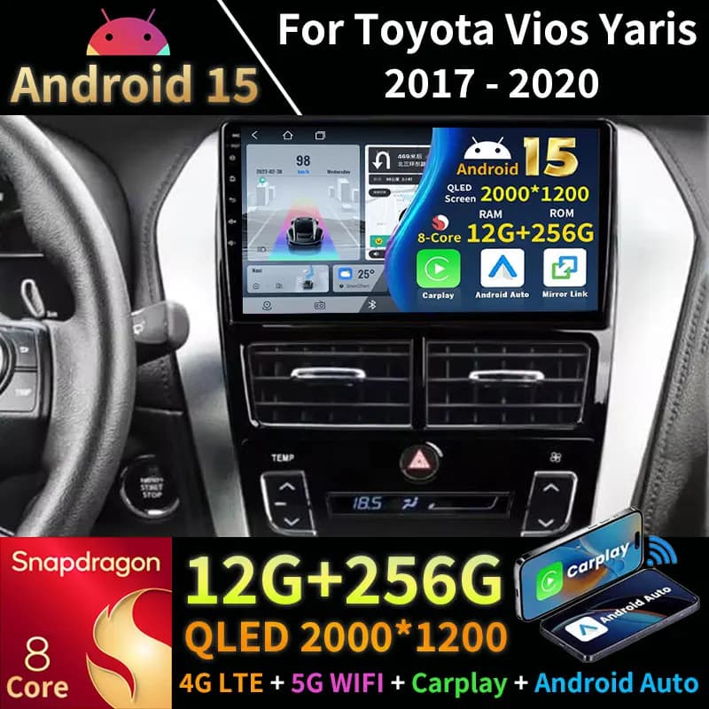 Android 15 Carplay For Toyota Yaris Vios 2017 - 2020 Wireless DSP GPS Head Unit 2din Navigation 5G WIFI Auto 4G LTE Car Radio BT