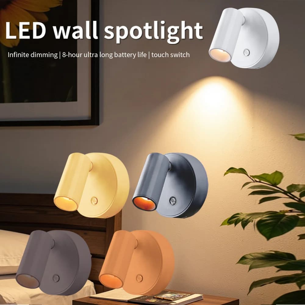 Lampada da parete magnetica a LED ricaricabile USB, faretto wireless senza fori, luce da lettura con interruttore touch, dimmerabile, lampada da comodino