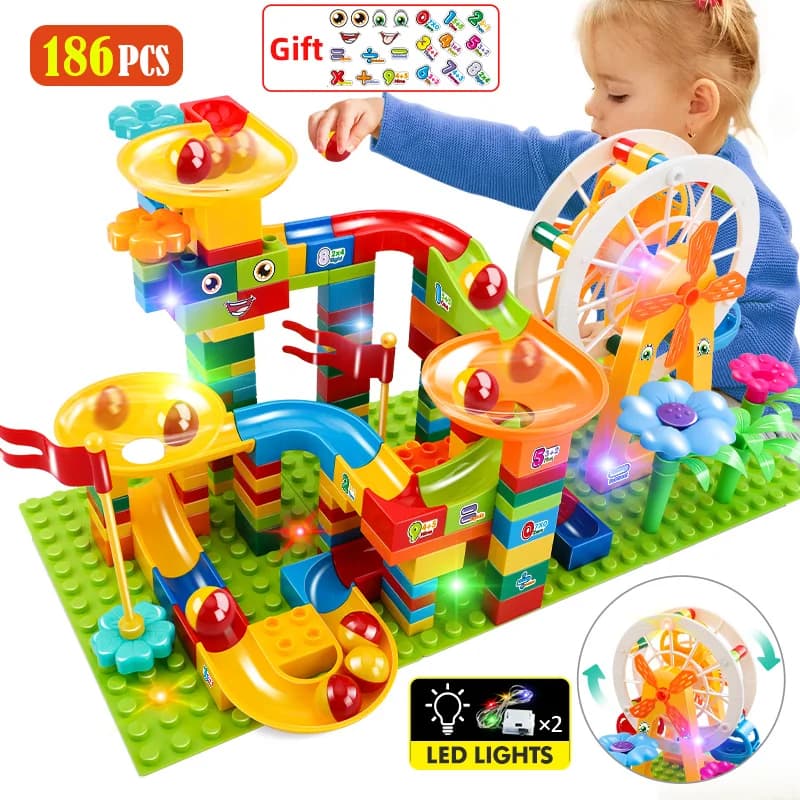 36-186PCS di Grandi Dimensioni Gara di Marmo Corsa Scene di Particelle HA CONDOTTO LA Luce Scivolo Imbuto Ruota Panoramica Building Blocks Città Giocattolo di Mattoni Per I Bambini