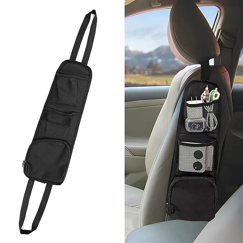 Organizzatore per seggiolino auto multitasche Borsa multifunzionale per appendere il lato posteriore del seggiolino auto Borsa portaoggetti con tasca in rete Accessorio per interni auto