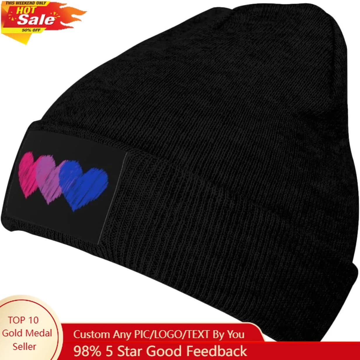 Bisexual Flag Hearts Love LGBT Bi Pride Black Beanie Hat for Men Women Winter Warm Hats Knit Hats Skull Cap