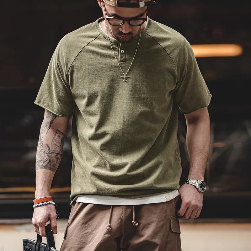 Maden Japanese Vintage Heavyweight Henley T-Shirt Men Distressed Loose Short Sleeve Tops Casual Button Cotton Washed Tee Shirts