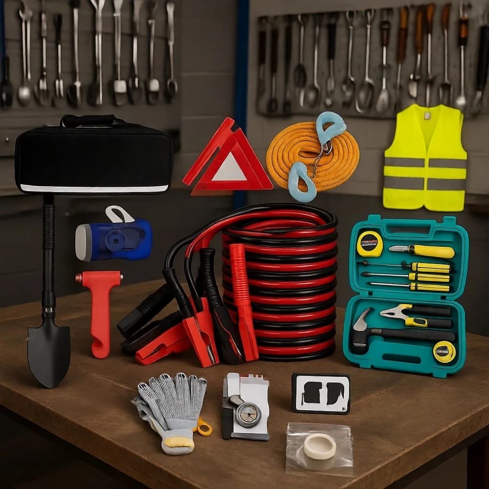 Kit di Emergenza Stradale con Cavi di Avviamento, Pala, Kit di Pronto Soccorso, Borsa di Sicurezza Invernale per Auto per Tutti i Conducenti