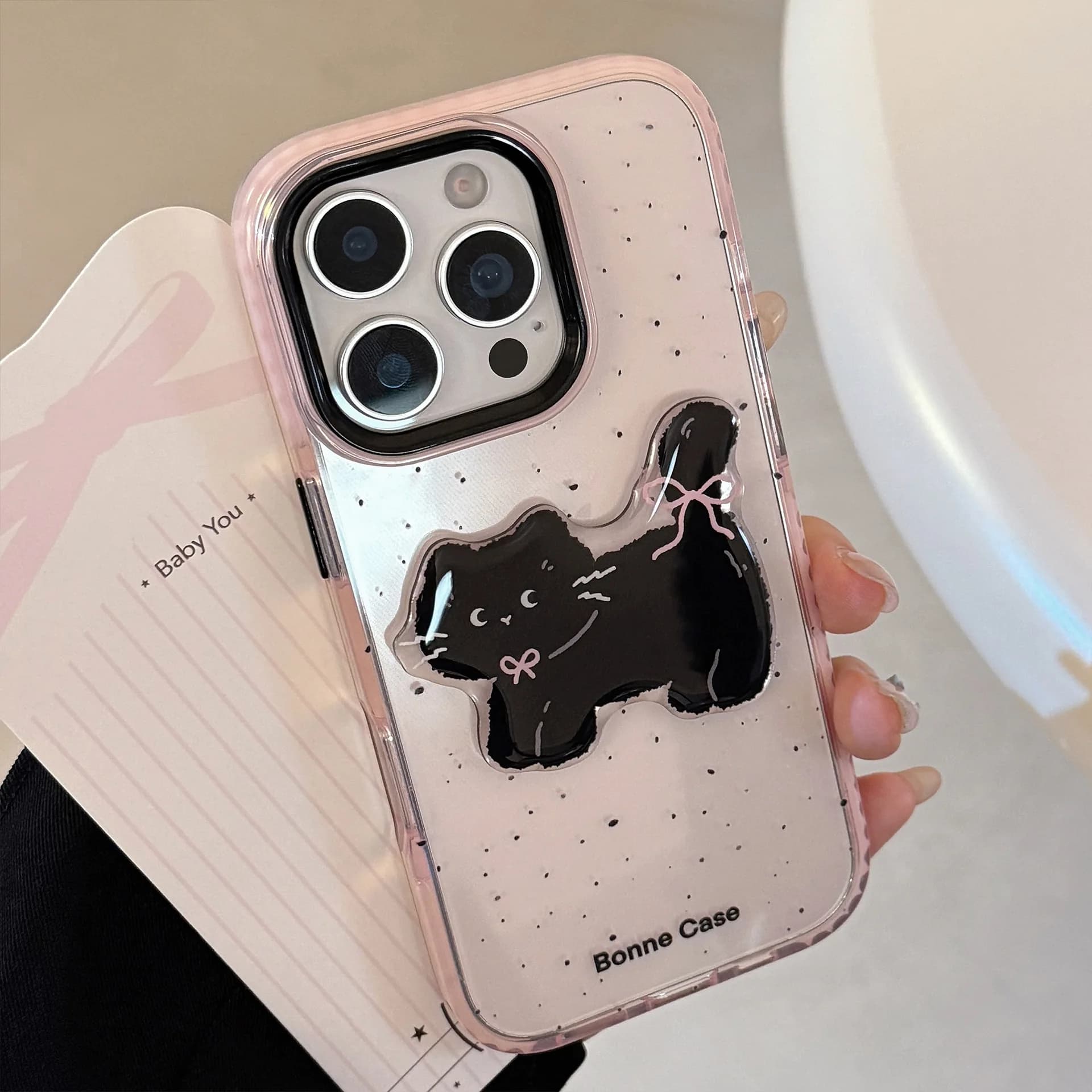Cover per iPhone 17 16 15 14 13 12 Pro Max con motivo gatto nero 3D stile Splash-ink coreano, trasparente rosa antiurto