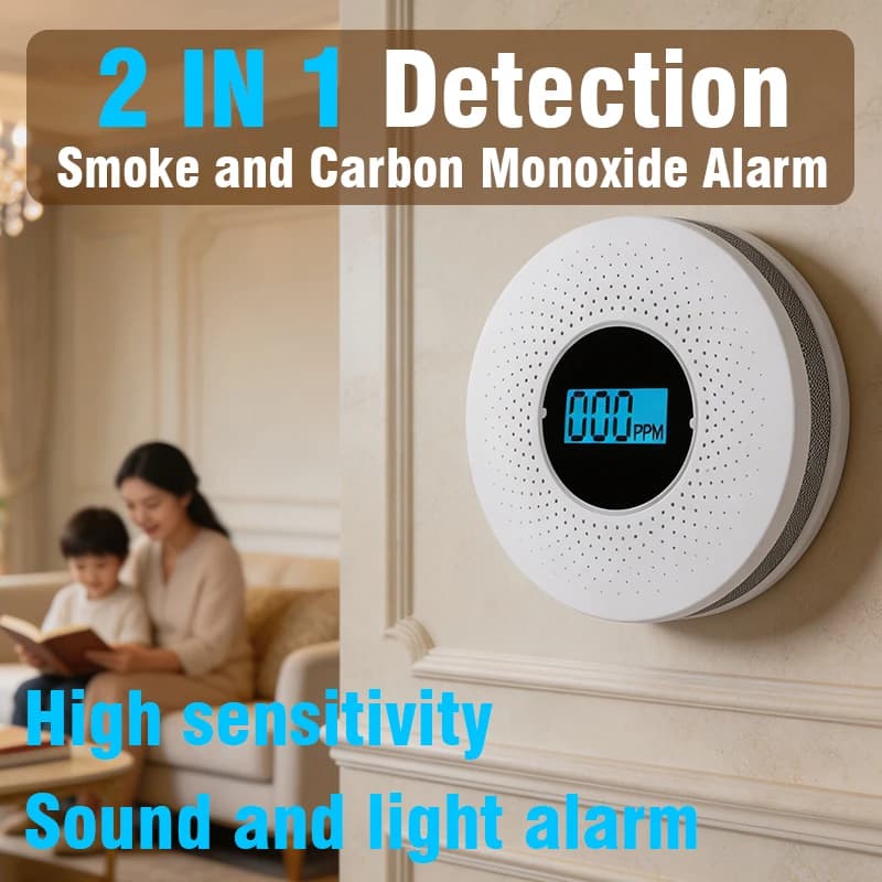 2-in-1 Carbon Monoxide and Smoke Detector Alarm - Electrochemical Sensor - LCD Carbon Monoxide and Smoke Alarm - Battery-powered