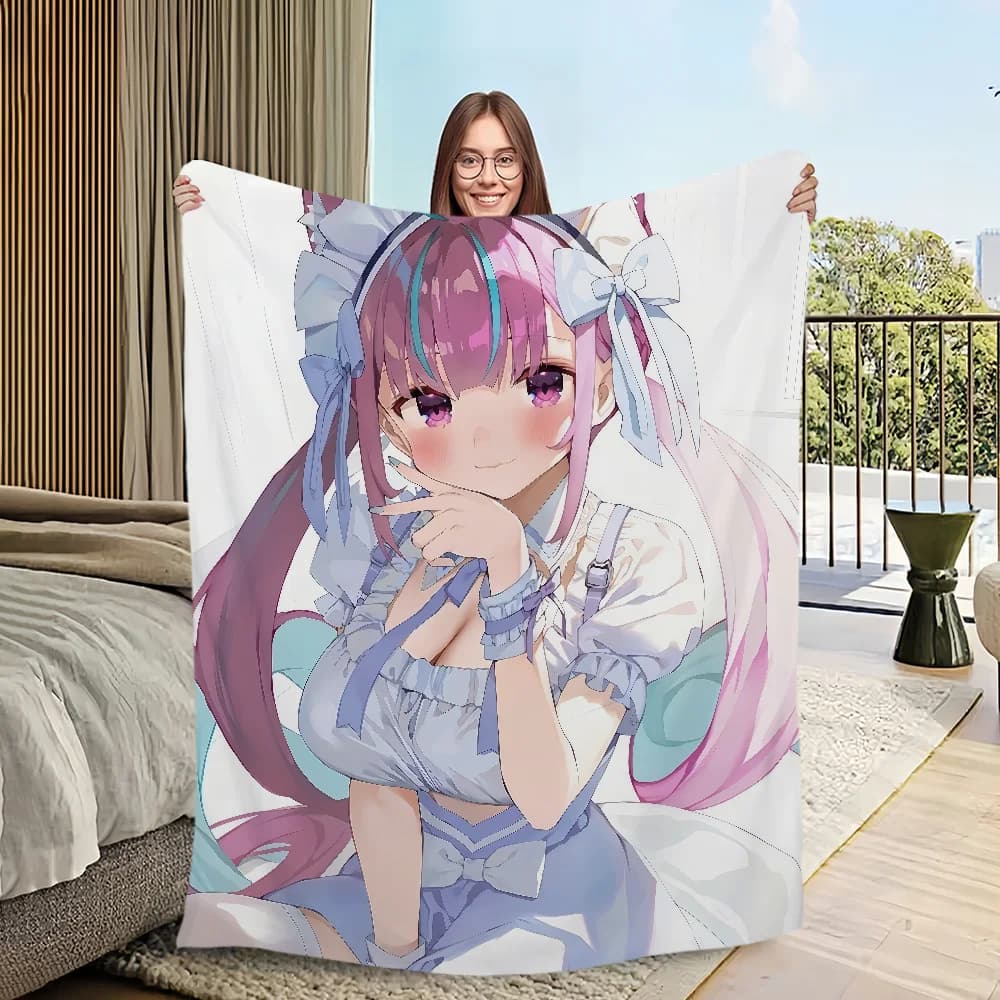 music anime girl H-Hololive M-Minato Aqua Flannel warm soft plush blanket sofa living room hogar office bedroom travel gift home