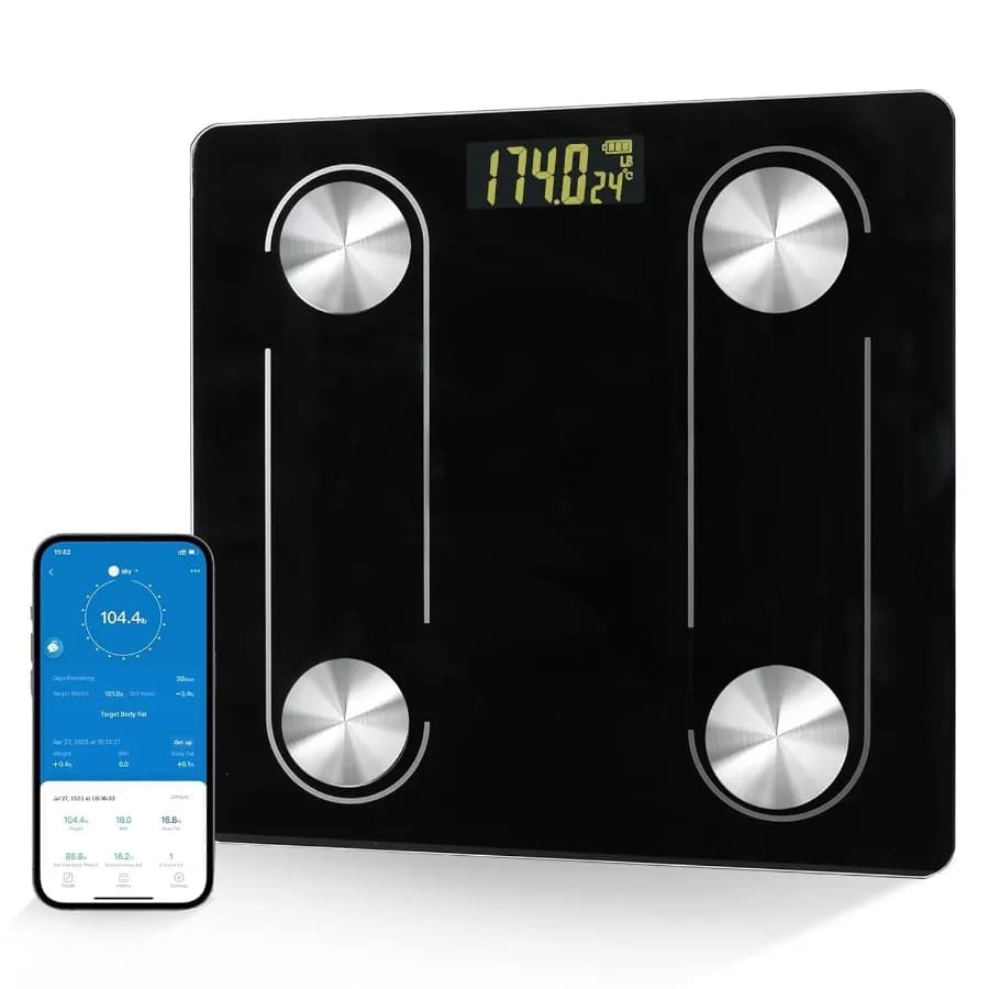 Bilancia digitale semplice con display LED per uso domestico: pratica bilancia da bagno con misurazione del grasso corporeo e connessione per l'app per smartphone